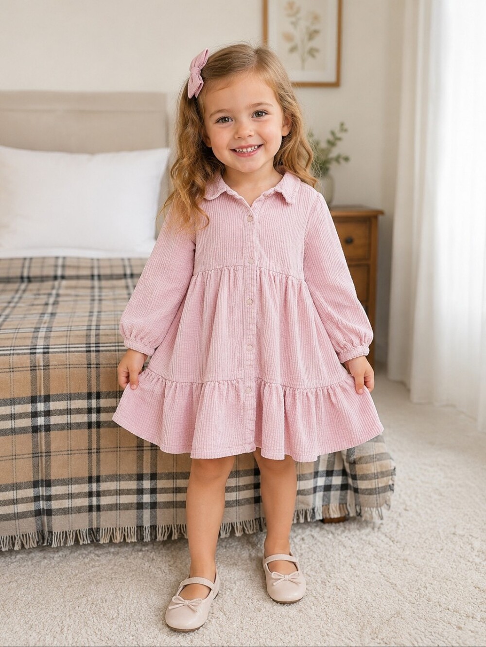 Zara Light Pink Corduroy-Texture Button Front Dress